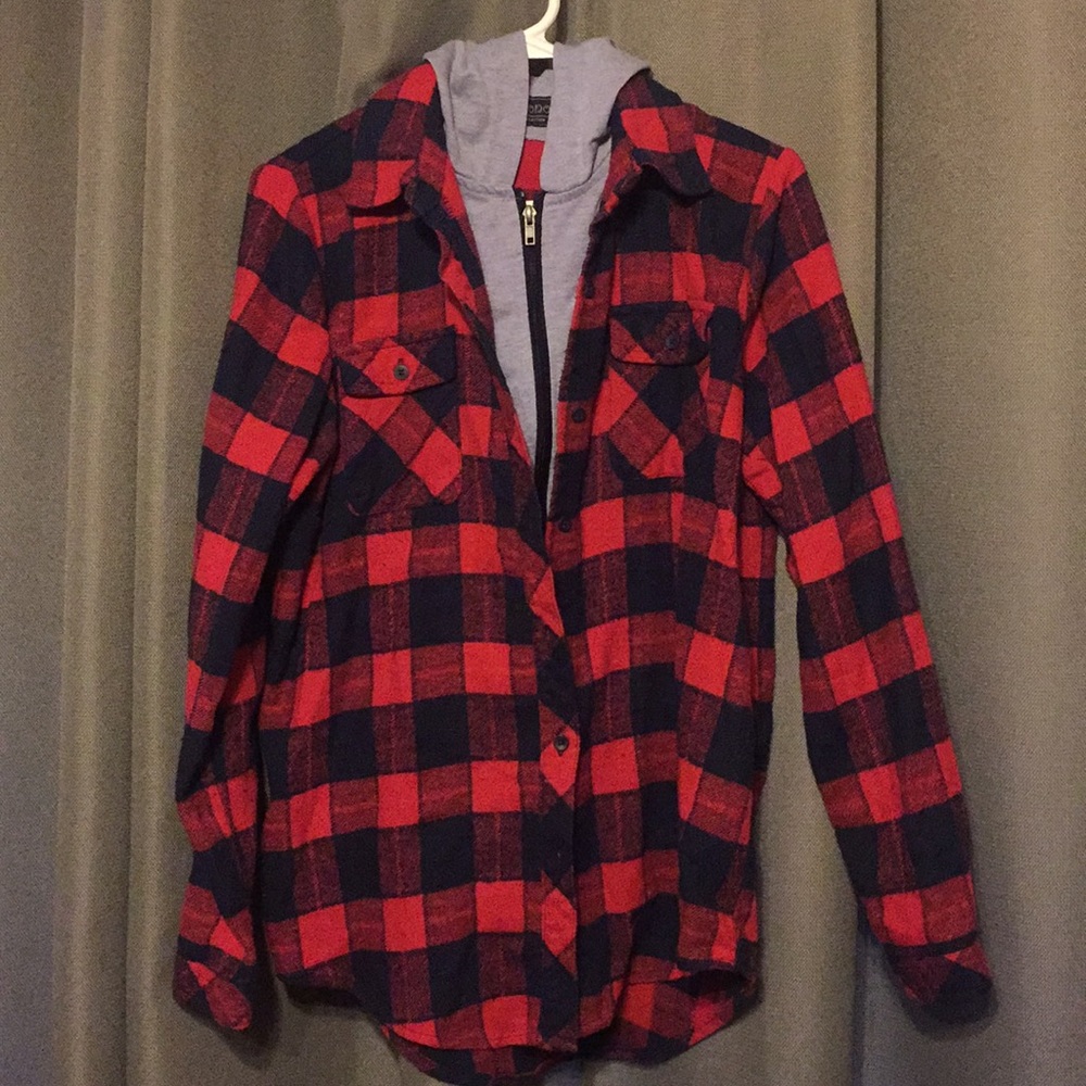 Red checkered hooded button up shirt